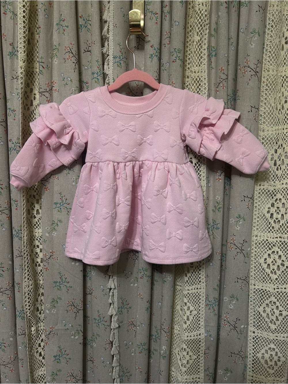 3/$30 Mud Pie Pink Bow Textured Baby‎ Dress 6-12M Ruffle Sleeve Sweatshirt Dress
